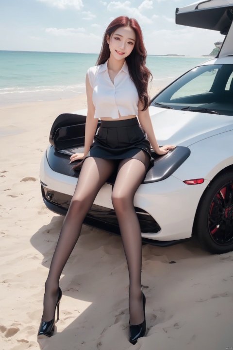  plns,1girl,exquisite facial,pretty,charming eyes,amazing eyes,asian,black skirt,pink shirt,black long wave hair,(nude pantyhose),bare_feet,(kind smile),(very white skin),high_heels,Blue sky and white clouds, sunny and shining,full shot,dimly lit,in beach,masterpiece,photorealistic,best quality,highly detailed,highres,plsw, red panties, jujingyi, blackwidow, huliya, ((poakl)), gufengsw001