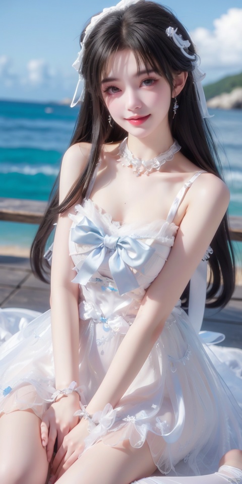  (Good structure), DSLR Quality,Depth of field,kind smile,looking_at_viewer,Dynamic pose, ,(wariza),,Girl, bare shoulders, , boobs, bow tie ,black eyes, collar, Blue sky, white clouds, beaches, seawater, crystal stones,((Lolita Dress: 1.4)) , blue and white Lolita dress, wrinkled leg outfit, hand-held, lips, nose, shoulders, , alone, long_hair, kind smile, looking at the audience, white leg costume, wrist cuffs, 1girl,,looking_at_viewer, , lolidress, qingyi