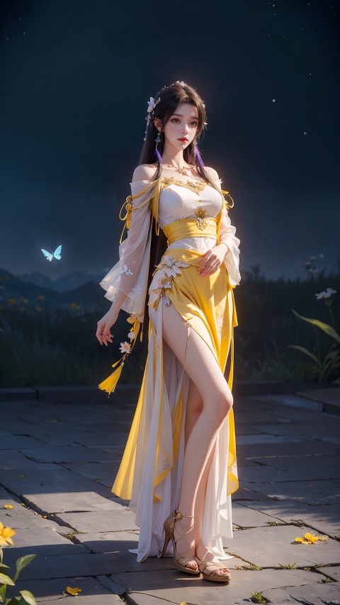 1 girl,full body,purple hair,(brown eyes),(extremely exquisite and beautiful),(( white and yellow
clothes)),meteor,meteor shower,(super large moon),(blue moon),comet,flower sea,many flowers,flower sea facing the audience,front,solo,butterfly,flying butterfly,There are many butterflies,butterfly hair flower,perspective,half skirt,dreamy light,(8k, RAW photo, best quality, masterpiece:1.2),(realistic, photo fidelity:1.3),Ultra fine,ultra fine cg 8k wallpaper,(crystal textured skin:1.2), yunxi, 1girl, qingyi