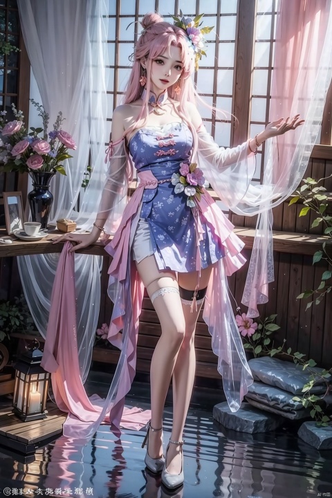  1girl,solo,long hair,hair ornament,thighhighs,dress,bare shoulders,jewelry,standing,full body,flower,grey hair,black thighhighs,outdoor,grass,stone,rockery,creek,swing,hand up,hair flower,necklace,high heels,creek,window,curtains,pink dress,pink footwear,cushion,vase,carpet,, xiaoyixian, ll-hd