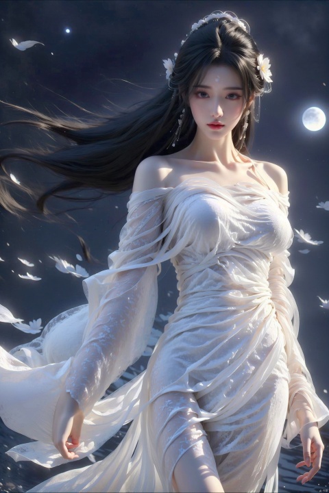  1 girl,(translucent white gauze dress:1.3), (moon), moonlight, water surface, long hair, windy, qingyi