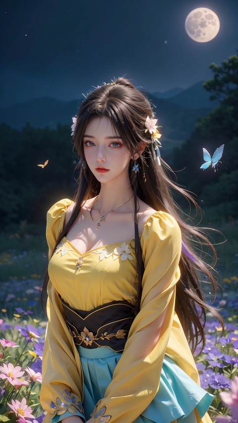1 girl,full body,purple hair,(brown eyes),(extremely exquisite and beautiful),(( gradient blue and yellow
clothes)),meteor,meteor shower,(super large moon),(blue moon),comet,flower sea,many flowers,flower sea facing the audience,front,solo,butterfly,flying butterfly,There are many butterflies,butterfly hair flower,perspective,half skirt,dreamy light,(8k, RAW photo, best quality, masterpiece:1.2),(realistic, photo fidelity:1.3),Ultra fine,ultra fine cg 8k wallpaper,(crystal textured skin:1.2), yunxi, 1girl, qingyi