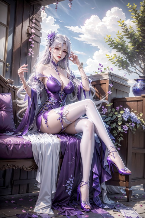  1girl,solo,long hair,breasts,large breasts,hair ornament,thighhighs,dress,cleavage,bare shoulders,jewelry,sitting,full body,flower,grey hair,black thighhighs,outdoor,swing,hand up,hair flower,necklace,high heels,window,chair,crossed legs,curtains,couch,purple dress,purple footwear,cushion,vase,carpet,, xiaoyixian