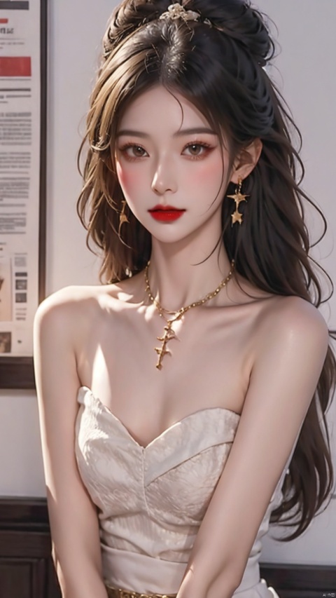  masterpiece, 1 girl, Stand, {blonde hair}, jewelry, Earrings, Necklace, {JK}, Newspaper wall, huge filesize, extremely detailed, 8k wallpaper, highly detailed, best quality, yunqing, qrx, qianrenxue, xiaowu