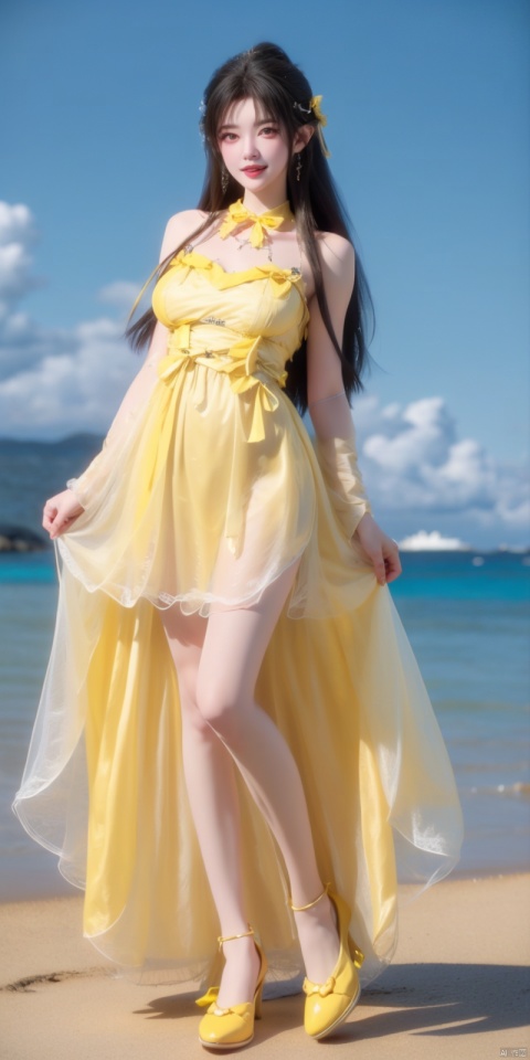  Panorama, full body,(Good structure), DSLR Quality,Depthfield,kindsmile,looking_at_viewer,Dynamic pose, ,(wariza),Girl, bare shoulders, , boobs, bow tie ,black eyes, collar, Blue sky, white clouds, (beaches), seawater, crystal stones,standing,((yellow Lolita Dress: 1.4)) , yellow Lolita dress, wrinkled leg outfit, hand-held, lips, nose, shoulders, , alone, long_hair, kind smile, looking at the audience, white leg costume, wrist cuffs, 1girl,,looking_at_viewer, , lolidress, qingyi, lace lolita