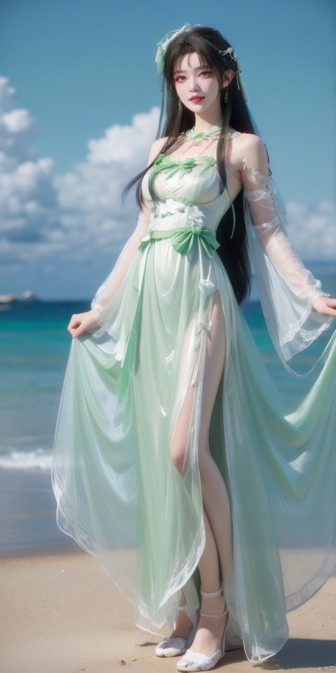  Panorama, full body,(Good structure), DSLR Quality,Depthfield,kindsmile,looking_at_viewer,Dynamic pose, ,(wariza),Girl, bare shoulders, , boobs, bow tie ,black eyes, collar, Blue sky, white clouds, (beaches), seawater, crystal stones,standing,((green   Lolita Dress: 1.4)) , green Lolita dress, wrinkled leg outfit, hand-held, lips, nose, shoulders, , alone, long_hair, kind smile, looking at the audience, white leg costume, wrist cuffs, 1girl,,looking_at_viewer, , lolidress, qingyi, lace lolita
