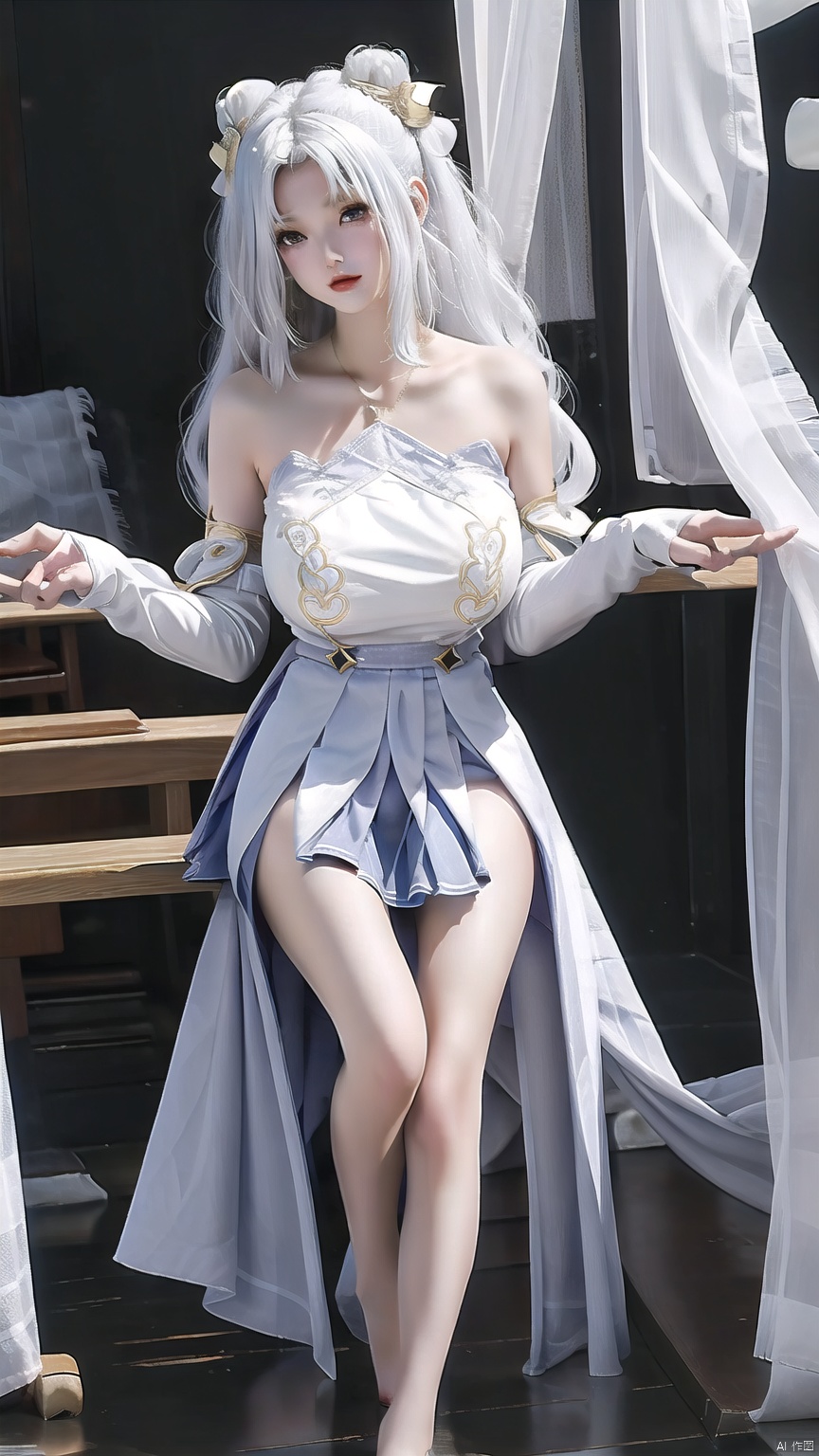  Slightly fat, slim figure, solo, Park, white shirt, ((a pair of giant breasts)), ((white Jk pleated skirt)), thick thighs, long white hair, 1girl, Barbara., tiandunv