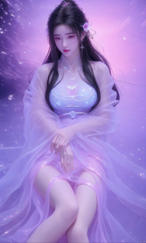  Surrealism Dream Style,glowing neon color,RAW photo,at night,1girl,solo,hand-over-hand,black hair,looking at viewer,long hair,sash,underwater,(((air bubble)))(Transparent clothing:1.5),Legs, feet,open the eyes,hair ornament,realistic,wide sleeves,hanfu,long dress,Semi transparent gauze skirt,surrealist,Best quality,masterpiece,ultra high res,Petal skirt,floating hair,flowers,bloom,Clouds,smoke,neon lights, Purple light effect, qingyi