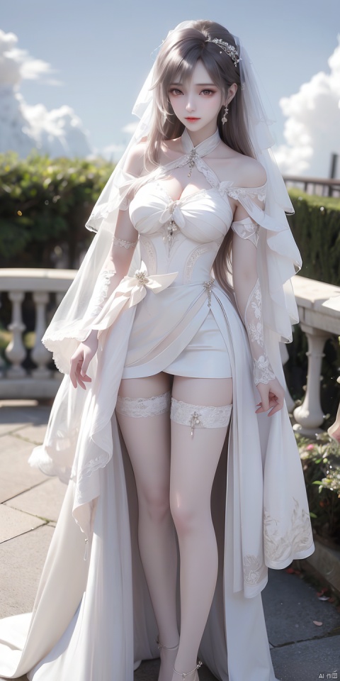  1girl,weddingdress,blue sky and white clouds,nsfw,Very detailed,reasonable design,Clear lines,High sharpness,best quality,masterpiece,white silk stocking,wedding veil,long legs,,hair ornament, , WZRYdiaochanHQG, Janet, xuxin