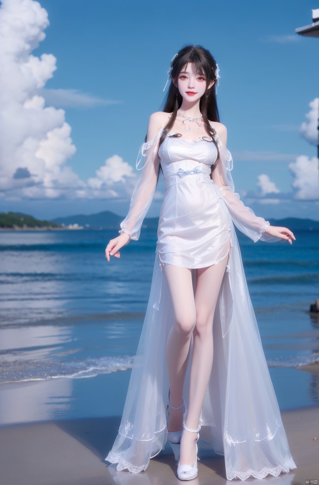  Panorama, full body,(Good structure), DSLR Quality,Depthfield,kindsmile,looking_at_viewer,Dynamic pose, ,(wariza),Girl, bare shoulders, , boobs, bow tie ,black eyes, collar, Blue sky, white clouds, (beaches), seawater, crystal stones,standing,((neonLolita Dress: 1.4)) , neon Lolita dress, wrinkled leg outfit, hand-held, lips, nose, shoulders, , alone, long_hair, kind smile, looking at the audience, white leg costume, wrist cuffs, 1girl,,looking_at_viewer, , lolidress, qingyi, lace lolita