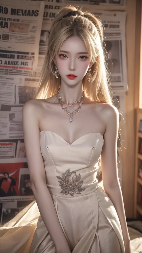  masterpiece, 1 girl, Stand, {blonde hair}, jewelry, Earrings, Necklace, {JK}, Newspaper wall, huge filesize, extremely detailed, 8k wallpaper, highly detailed, best quality, yunqing, qrx, qianrenxue