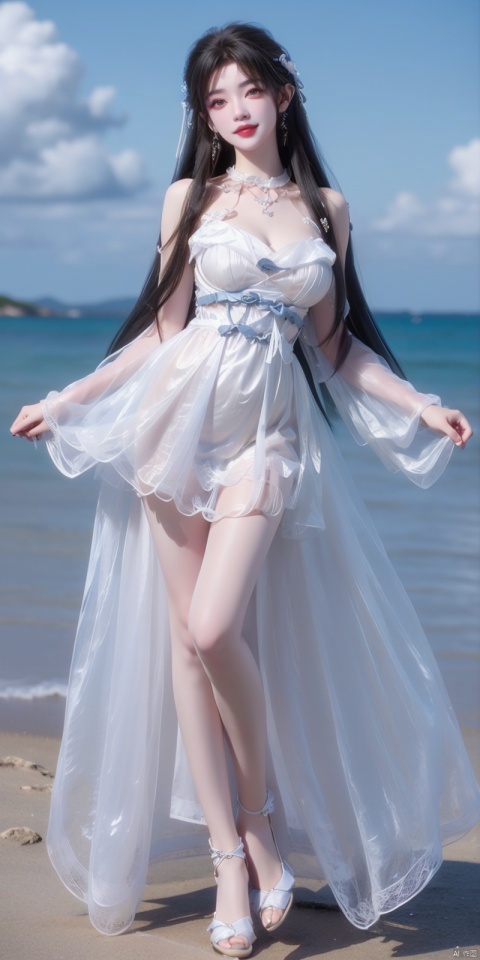  Panorama, full body,(Good structure), DSLR Quality,Depthfield,kindsmile,looking_at_viewer,Dynamic pose, ,(wariza),Girl, bare shoulders, , boobs, bow tie ,black eyes, collar, Blue sky, white clouds, (beaches), seawater, crystal stones,((blue Lolita Dress: 1.4)) , blue Lolita dress, wrinkled leg outfit, hand-held, lips, nose, shoulders, , alone, long_hair, kind smile, looking at the audience, white leg costume, wrist cuffs, 1girl,,looking_at_viewer, , lolidress, qingyi, lace lolita