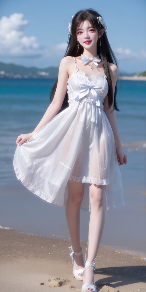  Panorama, full body,(Good structure), DSLR Quality,Depth of field,kind smile,looking_at_viewer,Dynamic pose, ,(wariza),,Girl, bare shoulders, , boobs, bow tie ,black eyes, collar, Blue sky, white clouds, (beaches), seawater, crystal stones,((Lolita Dress: 1.4)) , blue and white Lolita dress, wrinkled leg outfit, hand-held, lips, nose, shoulders, , alone, long_hair, kind smile, looking at the audience, white leg costume, wrist cuffs, 1girl,,looking_at_viewer, , lolidress, qingyi, lace lolita