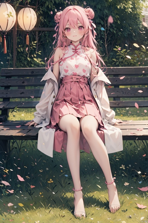  1girl, solo, looking at viewer, blush, bangs, skirt, shirt, long sleeves, dress, bow, hair between eyes, bare shoulders, jewelry, sitting, closed mouth, jacket, full body, white shirt, pink hair, hair bow, barefoot, sleeveless, puffy sleeves, pink eyes, water, off shoulder, hair bun, double bun, chinese clothes, white jacket, puffy long sleeves, pink skirt, lantern, anklet, soaking feet, paper lantern, heart pasties