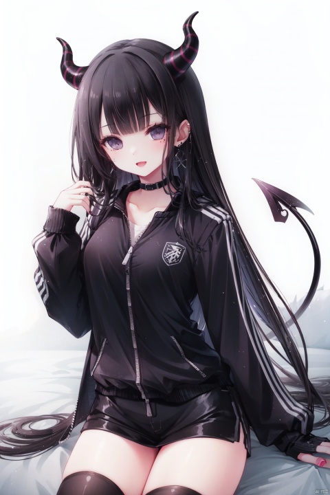  1girl, breasts, piercing, mole, ear piercing, horns, tail, solo, long hair, black hair, demon tail, sitting, mole on thigh, bangs, cleavage, black nails, jacket, large breasts, open mouth, mole under eye, looking at viewer, demon horns, black eyes, smile, jewelry, purple jacket, thighs, long sleeves, blunt bangs, demon girl, unzipping, earrings, nail polish, collarbone, blush, mole on breast, zipper pull tab, track jacket, zipper, very long hair