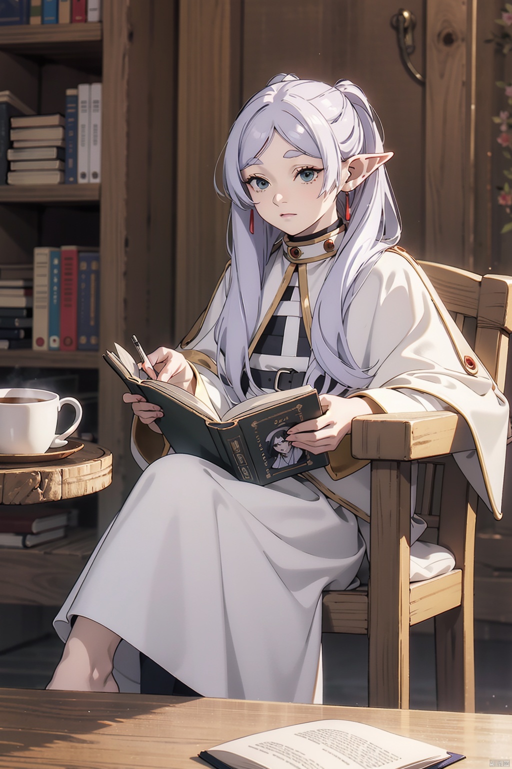 Frieren at the Funeral,Goblin ear,1 girl,knowledge of patchouli,solo,white hair,long hair,cup,hat,new moon,tea cup,book,sitting,ribbon,reading,cloak,chair,tea,anime coloring,hair bow,treeribbon,,