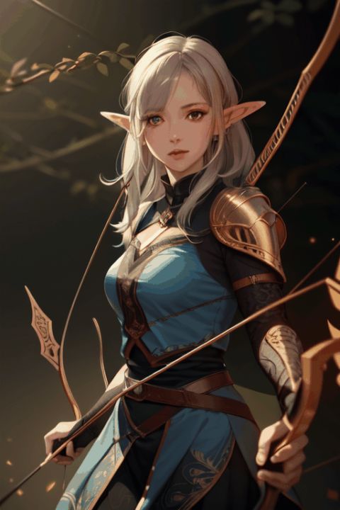  Half-body realistic image of a female elf archer, with intricate bow and glowing arrows,archery, looking at the viewer, in a mystical forest, ethereal beauty, detailed armor, soft magical lighting, fantasy setting