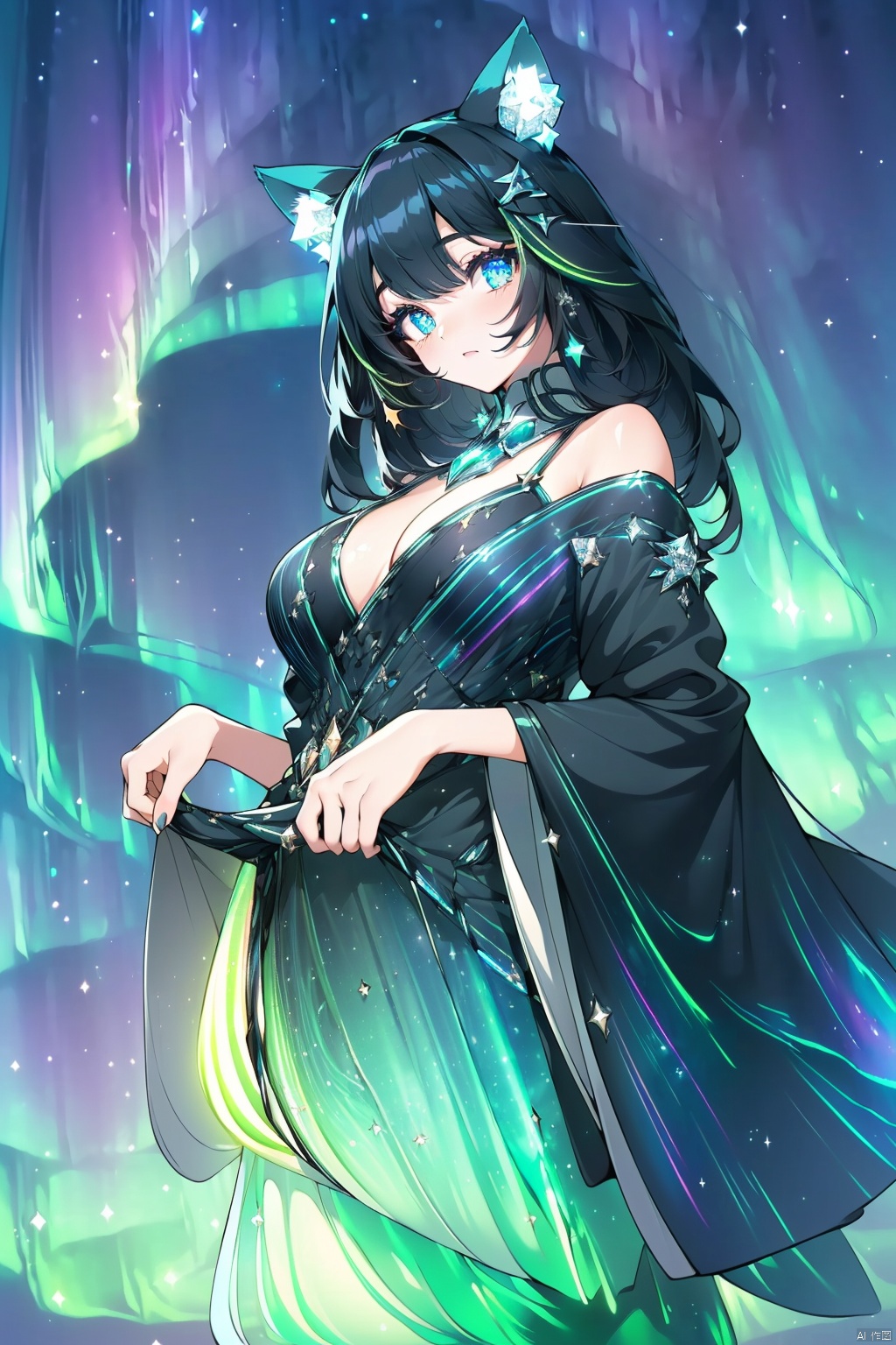  (((High quality image)))((((sparkling eyes)))(((beautiful starry sky)))((((beautiful aurora borealis))) cat ears, long black hair, clothes with diamonds.,, extremely detailled eyes, higrees, extremely detailled hairs, sharp focus, light particles, light reflects, light reflects, radient light, hair ornament,, most detalied shadows, hd quality, 8k