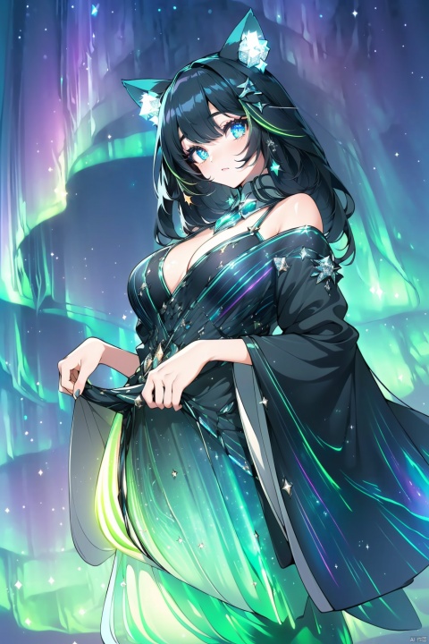  (((High quality image)))((((sparkling eyes)))(((beautiful starry sky)))((((beautiful aurora borealis))) cat ears, long black hair, clothes with diamonds.,, extremely detailled eyes, higrees, extremely detailled hairs, sharp focus, light particles, light reflects, light reflects, radient light, hair ornament,, most detalied shadows, hd quality, 8k