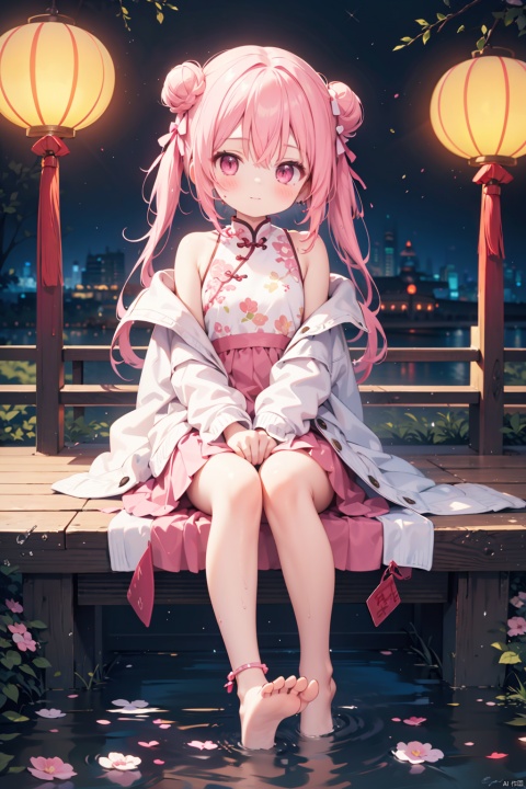  1girl, solo, looking at viewer, blush, bangs, skirt, shirt, long sleeves, dress, bow, hair between eyes, bare shoulders, jewelry, sitting, closed mouth, jacket, full body, white shirt, pink hair, hair bow, barefoot, sleeveless, puffy sleeves, pink eyes, water, off shoulder, hair bun, double bun, chinese clothes, white jacket, puffy long sleeves, pink skirt, lantern, anklet, soaking feet, paper lantern
