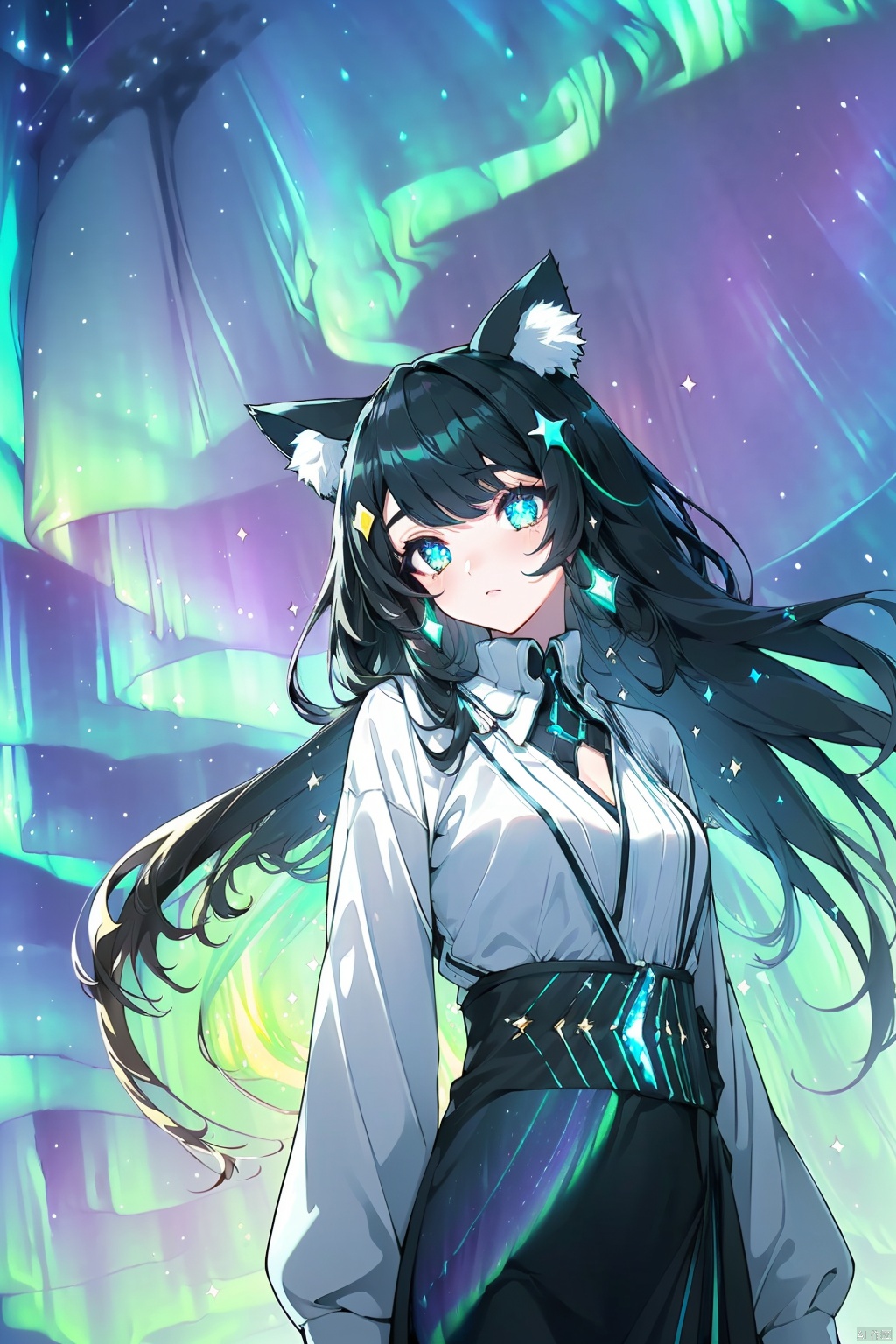  (((High quality image)))((((sparkling eyes)))(((beautiful starry sky)))((((beautiful aurora borealis))) cat ears, long black hair, clothes with diamonds.,, extremely detailled eyes, higrees, extremely detailled hairs, sharp focus, light particles, light reflects, light reflects, radient light, hair ornament,, most detalied shadows, hd quality, 8k