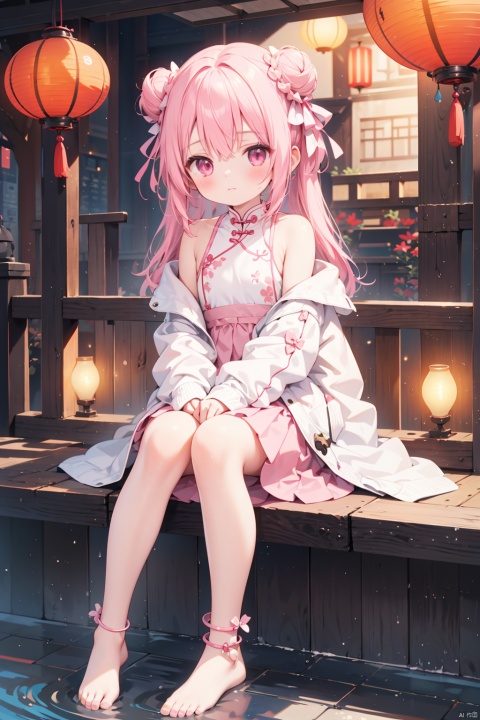  1girl, solo, looking at viewer, blush, bangs, skirt, shirt, long sleeves, dress, bow, hair between eyes, bare shoulders, jewelry, sitting, closed mouth, jacket, full body, white shirt, pink hair, hair bow, barefoot, sleeveless, puffy sleeves, pink eyes, water, off shoulder, hair bun, double bun, chinese clothes, white jacket, puffy long sleeves, pink skirt, lantern, anklet, soaking feet, paper lantern