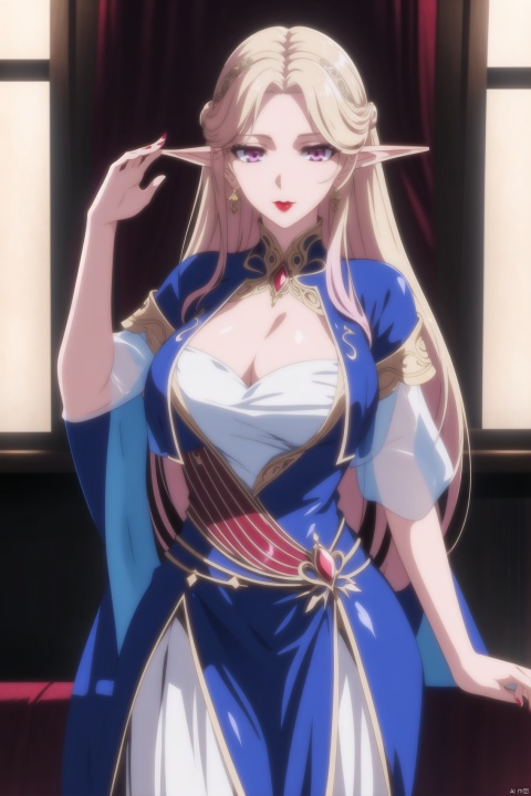  Anime, fantasy, magic, fairy tales,Sneer, women,Madame President ,Elf,White elf dress, elf goddess,,,,long hair,blonde hair,jewelry,cleavage,,large breasts,,nail polish,red lips,,,brown eyes,Straight hair,,Centre parting,",masterpiece,best quality,ultra detailed, 8k, 4k,highly detailed, scenery,pose,solo,,,meiren, ,seductive Pink eyes,Big breasts,nikon d850, smooth, dynamic lighting,Big tits,Big eyes