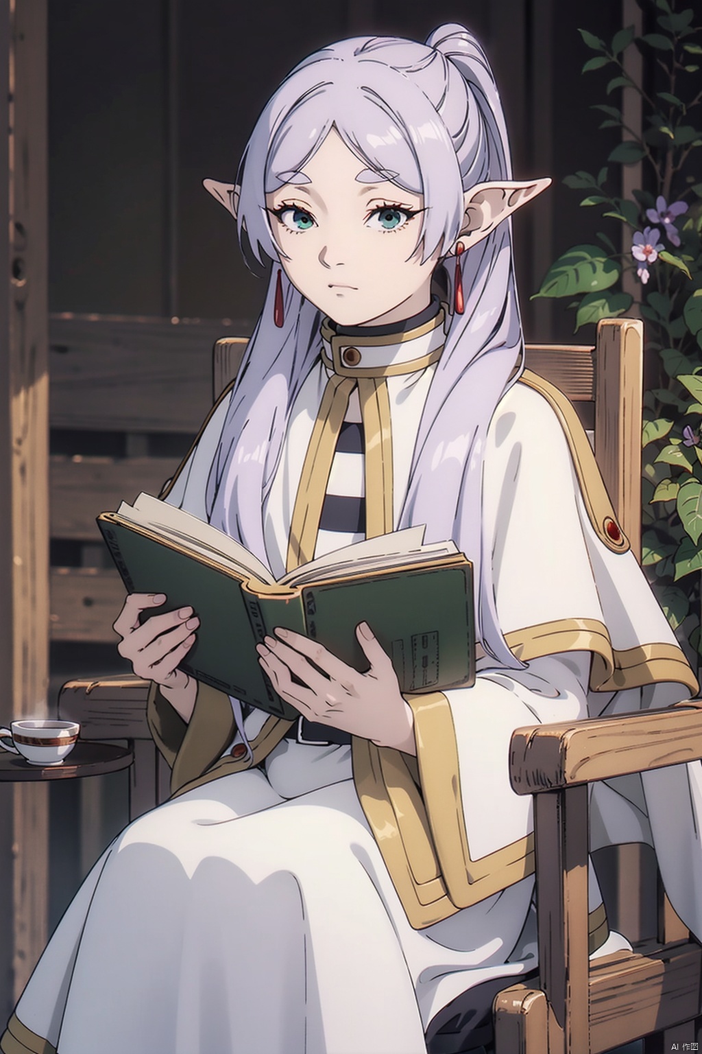  Frieren at the Funeral,Goblin ear,1 girl,knowledge of patchouli,solo,white hair,long hair,cup,hat,new moon,tea cup,book,sitting,ribbon,reading,cloak,chair,tea,anime coloring,hair bow,treeribbon,,
