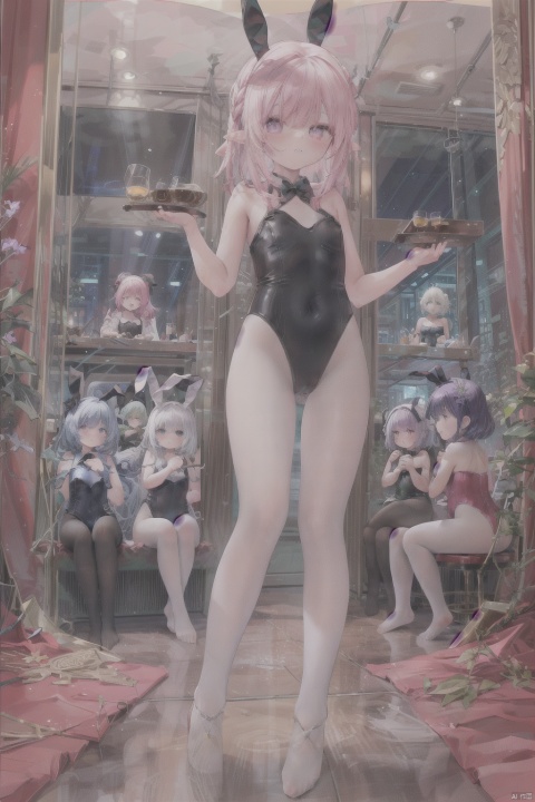  (Greasy and shiny thick white pantyhose:1.2),elf,Petite demon princess playboy bunny girl wears **** strapless leotard at bar,purple hair,pink eyes,loli,petety,full body,standing,(5+girls:1.4),masterpiece,best quality,(no panties,no shoes:1.2),white pantyhose, breast curtains