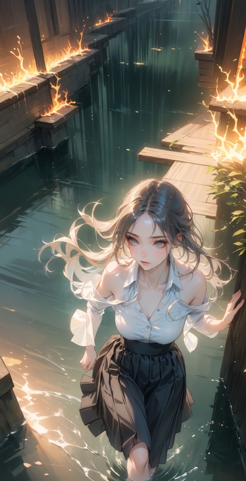  A Lori, a girl, with a bust and bare thighs, ((Long skirt made of flame: 1.7)),(Hair made of running water: 1.7),Long hair, big eyes, Loli is lovely,((from above：1.7)),( Best Quality: 1.2 ), ( Ultra HD: 1.2 ), ( Ultra-High Resolution: 1.2 ), ( CG Rendering: 1.2 ), Wallpaper, Masterpiece, ( 36K HD: 1.2 ), ( Extra Detail: 1.1 ), Ultra Realistic, ( Detail Realistic Skin Texture: 1.2 ), ( White Skin: 1.2 ), Focus, Realistic Art,
