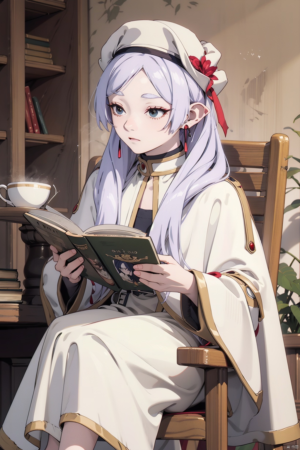  Frieren at the Funeral,Goblin ear,1 girl,knowledge of patchouli,solo,white hair,long hair,cup,hat,new moon,tea cup,book,sitting,ribbon,reading,cloak,chair,tea,anime coloring,hair bow,treeribbon,, REVERSE UPRIGHT STRADDLE