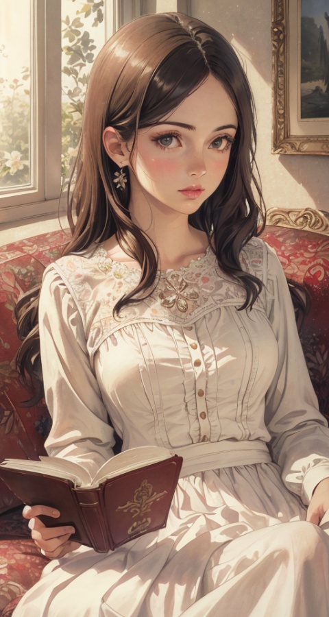  anime,(masterpiece, top quality, best quality, official art, beautiful and aesthetic:1.2),(1girl),upper body,extreme detailed,(fractal art:1.3),colorful,flowers,highest detailed,Ultra-realistic 8k CG,masterpiece,best quality,(photorealistic:1.4),HDR,absurdres,Professional,RAW photo,lens flare,(film grain:1.1),Bokeh,((Depth of field)),studio light, a woman in a white dress sitting on a couch reading a book in a room with a floral couch, 1girl, brown_hair, dress, lips, long_hair, open_book, reading, sepia, sheet_music, sitting, solo, Highly detailed,Professional,extreme detail description;,