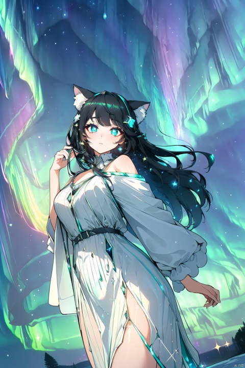  (((High quality image)))((((sparkling eyes)))(((beautiful starry sky)))((((beautiful aurora borealis))) cat ears, long black hair, clothes with diamonds.,, extremely detailled eyes, higrees, extremely detailled hairs, sharp focus, light particles, light reflects, light reflects, radient light, hair ornament,, most detalied shadows, hd quality, 8k