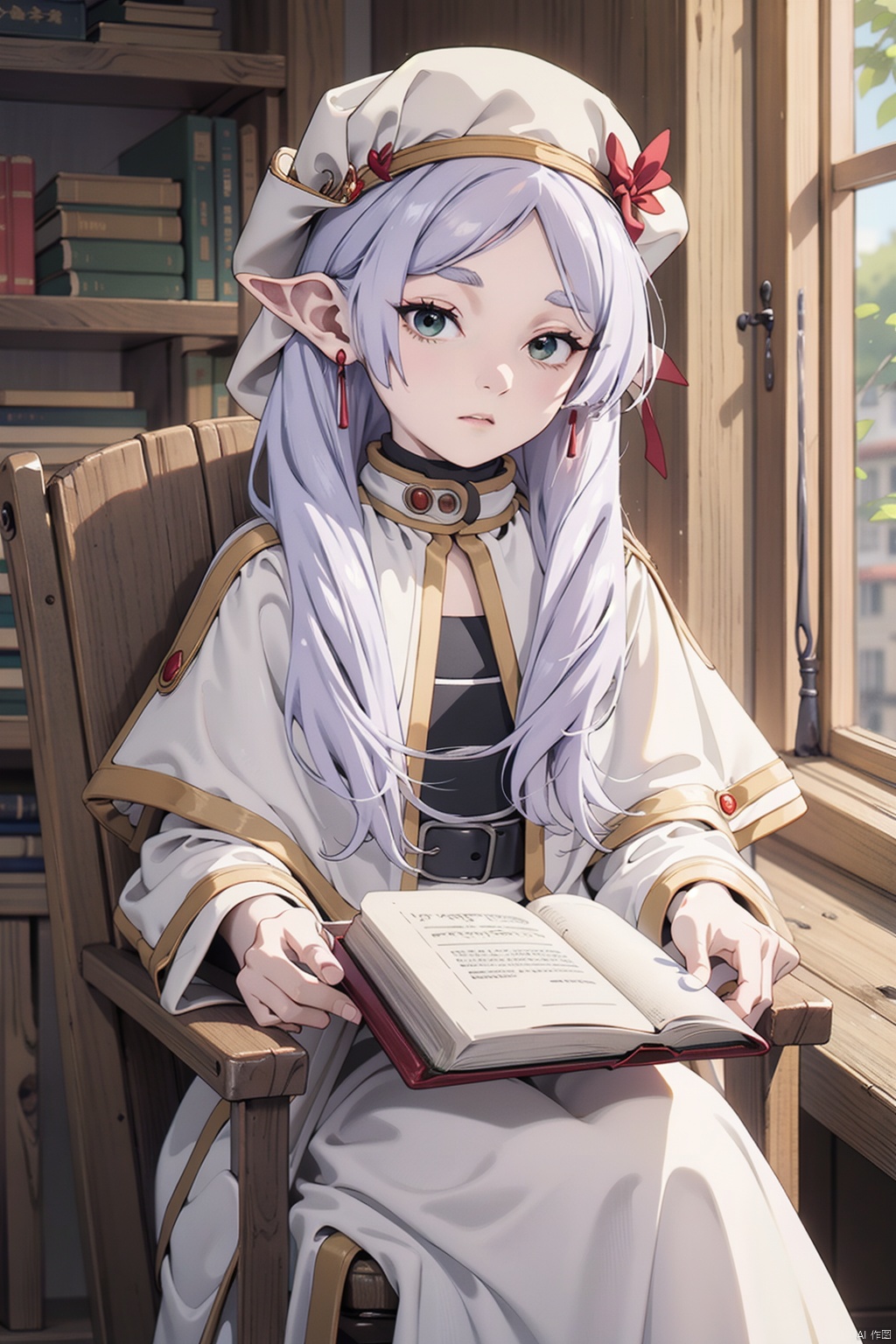  Frieren at the Funeral,Goblin ear,1 girl,knowledge of patchouli,solo,white hair,long hair,cup,hat,new moon,tea cup,book,sitting,ribbon,reading,cloak,chair,tea,anime coloring,hair bow,treeribbon,, REVERSE UPRIGHT STRADDLE