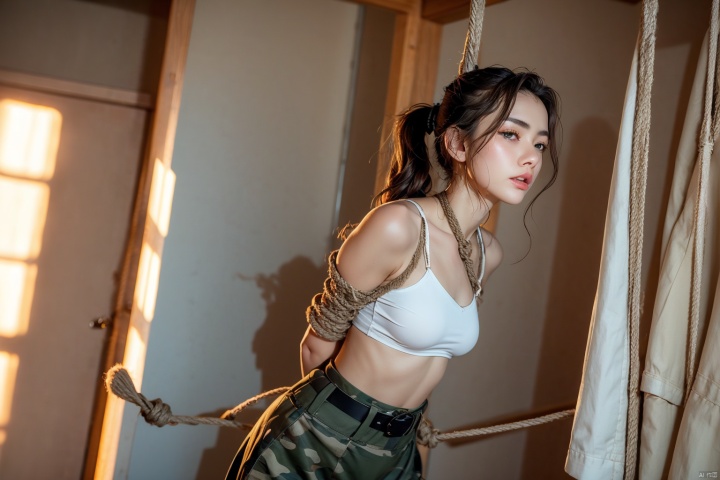  (bondage, hands tied behind the back with ropes.Japanese bondage).
1 girl ,bondaged by ropes, straight brown hair, brown eyes, hemp rope, surprise, small breasts, perfect anatomy, standing,(Japanese bondage), (shibari), {{bondage}}, {{restraint]], {{{{shibari on clothes }}}}, (((arms and hands tied with ropes, bdsm))),
frontal photo, static position,thin legs,Being abused,ponytail holder,white shirt,military uniform,military uniform,camouflage,camouflage pants,camouflagejacket,belt,ponytail holder, Duck egg face, yujiasuit