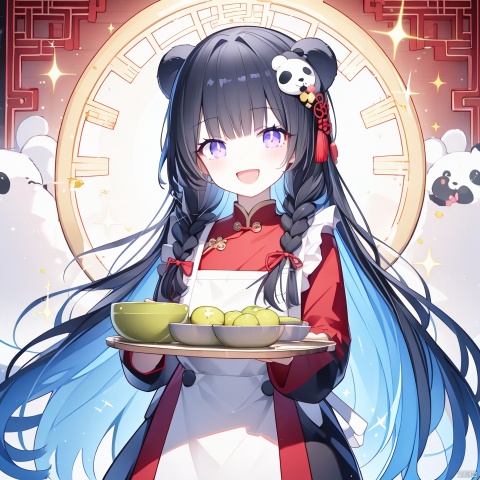 1girl,super happy smiling,open mouth,braid,black hair,long hair,open mouth,purple eyes,twin braids,smile,holding,:d,apron,tray,panda,chinese clothes,looking at viewer,very long hair,blush,hair ornament,sparkle,bowl,bangs,holding tray,dress,gradient hair,chinese theme,full body,circular background,