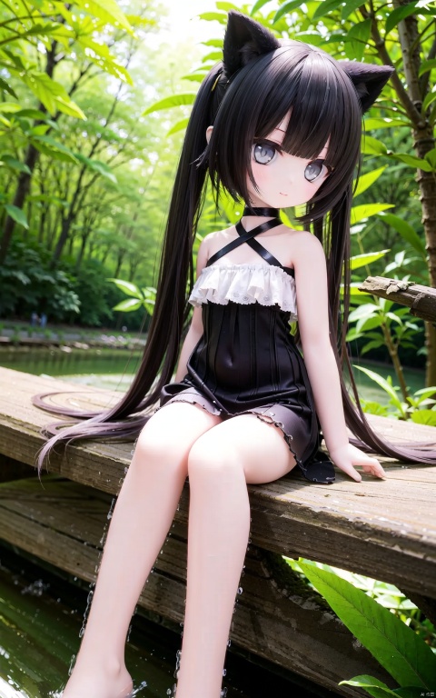 very long hair,cowboy shot,4349,1girl,animal_ears,solo,tail,dress,sitting,barefoot,black_hair,looking_at_viewer,black_dress,water,plant,outdoors,hair_bun,bare_shoulders,soaking_feet,bangs,long_hair,closed_mouth,grey_eyes,