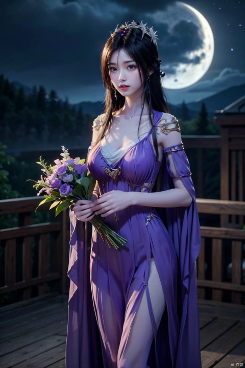  1girl, bare_shoulders, bouquet, breasts, crescent_moon, dress, earrings, earth_\(planet\), flower, full_moon, holding, jewelry, lips, long_hair, looking_at_viewer, medium_breasts, moon, moonlight, night, night_sky, parted_lips, planet, sky, solo, star_\(sky\), sun, very_long_hair,standing