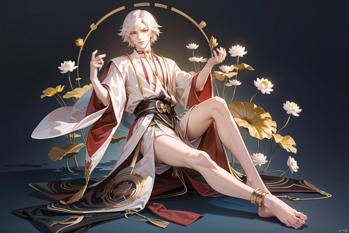  {{{masterpiece}}},{extremely detailed CG unity 8k wallpaper},best quality,(solo:1.5),long sleeves, 1boy, yellow eyes, flower, white hair, male focus, japanese clothes,barefoot, tassel, pale skin,lotus