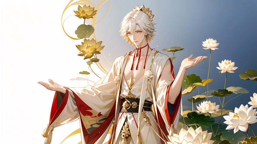 (solo:1.5),long sleeves, 1boy, yellow eyes, flower, white hair, male focus, japanese clothes,tassel, pale skin,gold lotus