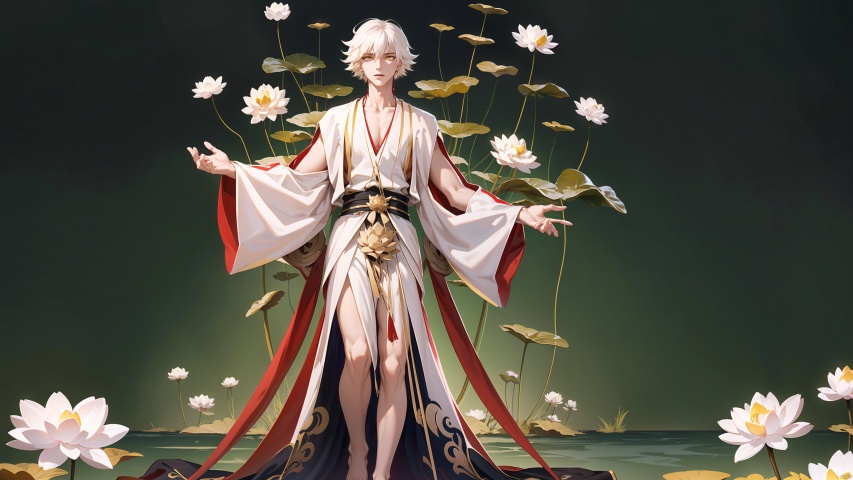  {{{masterpiece}}},{extremely detailed CG unity 8k wallpaper},best quality,(solo:1.5),long sleeves, 1boy, yellow eyes, flower, white hair, male focus, japanese clothes,barefoot, tassel, pale skin,lotus