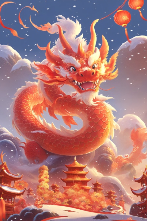 Dragon, Spring Festival, New Year, Lantern, Sky, Snow