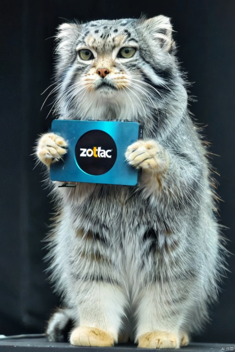  s4s the pallas's cat,At a graphics card launch event, a massive cat confidently holds up a shiny graphics card, showcasing it to the audience., s4s the pallas's cat,(zotac text logo:1.1), logo
