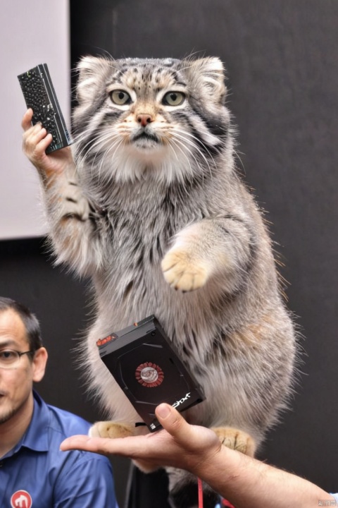  s4s the pallas's cat,At a graphics card launch event, a massive cat confidently holds up a shiny graphics card, showcasing it to the audience.