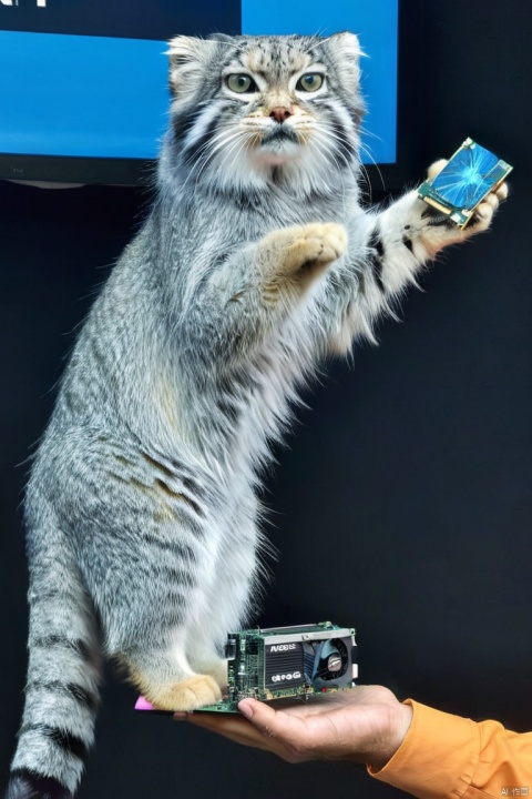  s4s the pallas's cat,At a graphics card launch event, a massive cat confidently holds up a shiny graphics card, showcasing it to the audience.