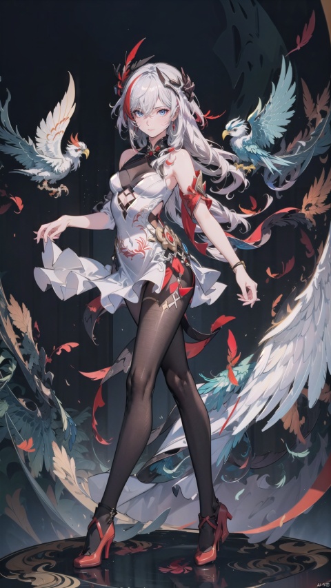  fuhua,1girl,long hair,solo,bird,white hair,dress,looking at viewer,breasts,pantyhose,small breasts,white dress,bangs,bare shoulders,black pantyhose,china dress,sleeveless,red footwear,multicoloredhair,feathers,, vector illustration, huasanchuan