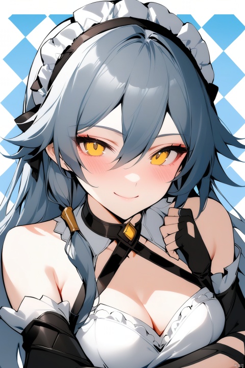  [[fu hua(honkai impact 3rd)]], nai3, 1girl, solo, artstyle,best quality,amazing quality,very aesthetic,absurdres,traditional media,female focus, 
1girl, long hair, breasts, blush, smile, bangs, gloves, 1boy, dress, cleavage, bare shoulders, closed mouth, yellow eyes, upper body, short sleeves, grey hair, hairband, frills, detached sleeves, choker, black gloves, puffy sleeves, hood, fingerless gloves, maid headdress, hug, korean text, frilled hairband, argyle background