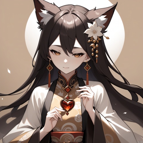  [[fu hua(honkai impact 3rd)]], nai3, 1girl, solo, artstyle,best quality,amazing quality,very aesthetic,absurdres,traditional media,female focus, 
 long sleeves, holding, jewelry, closed mouth, monochrome, closed eyes, heart, earrings, japanese clothes, wide sleeves, mole under eye, animal, sepia, fox,