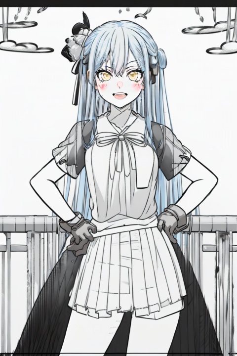 ribbon,hair ribbon, yellow eyes,black ribbon,,cybersaki,blue hair,
1girl, solo, long hair, smile, open mouth, skirt, shirt, gloves, short sleeves, grey hair, outdoors, sky, black gloves, cloud, mask, bird, feathers, red shirt, facing viewer, hands on hips, railing, crow, red sky