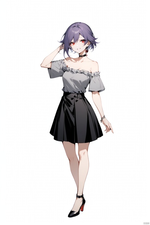  [[fu hua(honkai impact 3rd)]], nai3, 1girl, solo, artstyle,best quality,amazing quality,very aesthetic,absurdres,traditional media,female focus, 
1girl, solo, looking at viewer, smile, short hair, bangs, skirt, shirt, red eyes, white background, bare shoulders, standing, collarbone, full body, purple hair, short sleeves, frills, parted lips, choker, hand up, black skirt, off shoulder, black footwear, high heels, black choker, grey shirt, off-shoulder shirt, frilled shirt